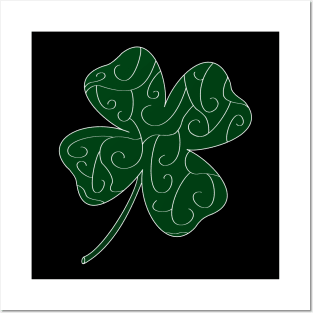 White Swirl Pattern Four Leaf Clover (Black) Posters and Art